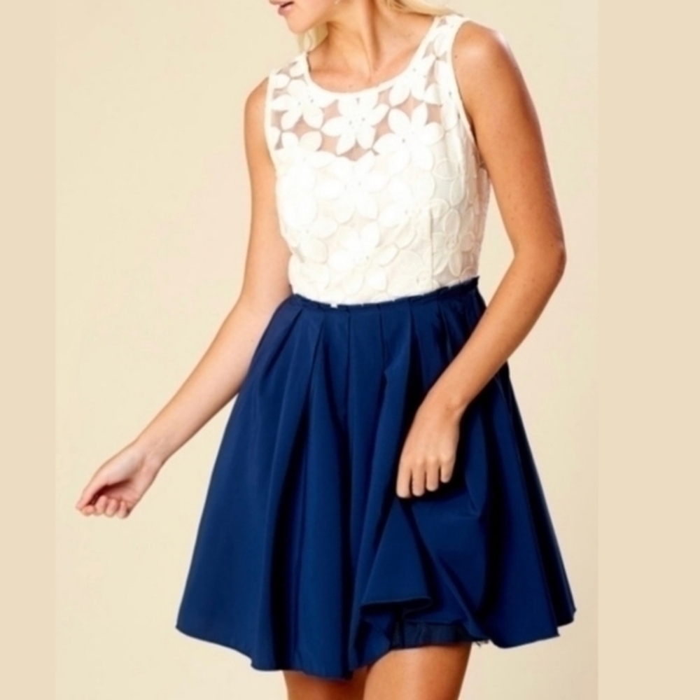 Altard State Women's Sleeveless Cream Lace & Navy Blue Pleated Fit & Flare Dress
